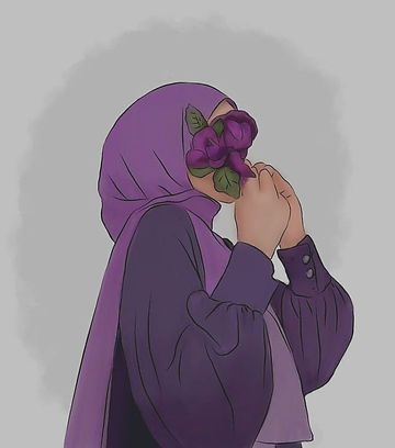 Image d'une femme portant un voile mauve qui se cache le visage avec des fleurs de la même couleur. Ses vêtements sont également violets, tout comme le fond avec des nuances et des contrastes. L'ambiance est douce. 