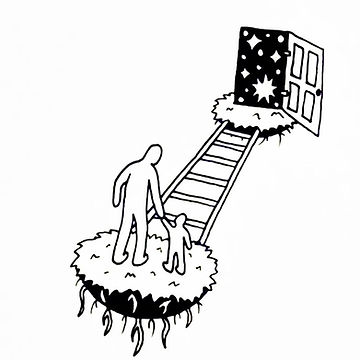 Illustration dans un style simpliste : sur un morceau de sol qui semble avoir été arraché, un adulte et un enfant se tienne par la main. Devant eux, se dresse une échelle servant de pallier pour pouvoir rejoindre l'autre mocreau de sol. Sur ce morceau-ci, une porte grande ouverte, à l'intérieur, un néant rempli d'étoiles et de constellation. 